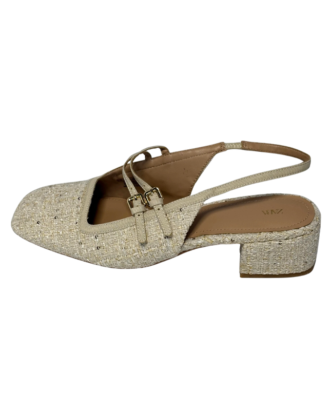 Zara Beige Tweed Slingback Block Heel Shoes