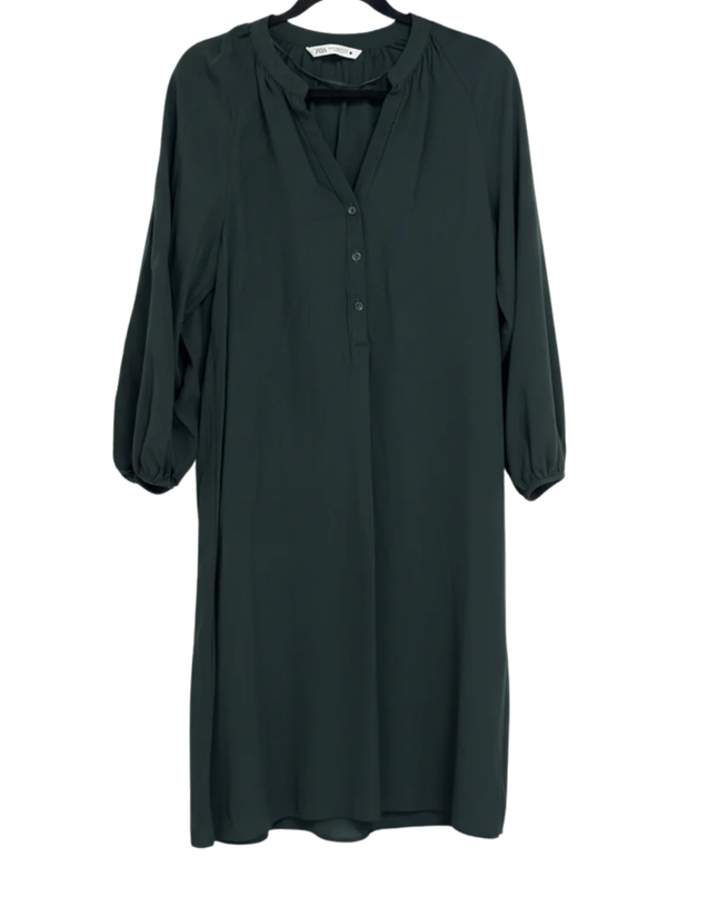 Zara Black Split Neck Midi Dress with Puff Sleeves