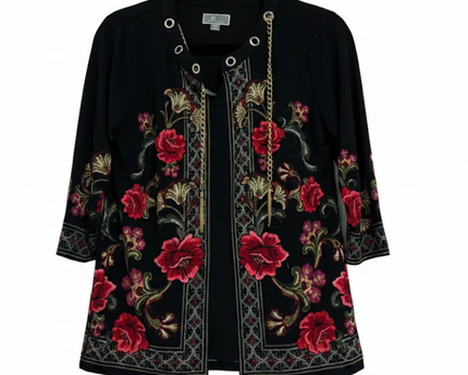 JM Collection Black Floral Embroidered Tassel Tunic Top