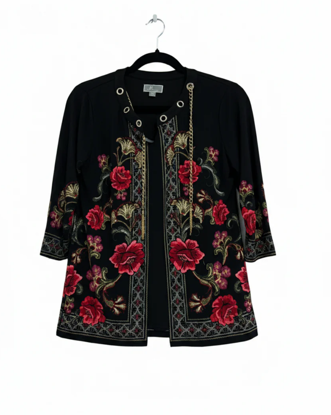 JM Collection Black Floral Embroidered Tassel Tunic Top