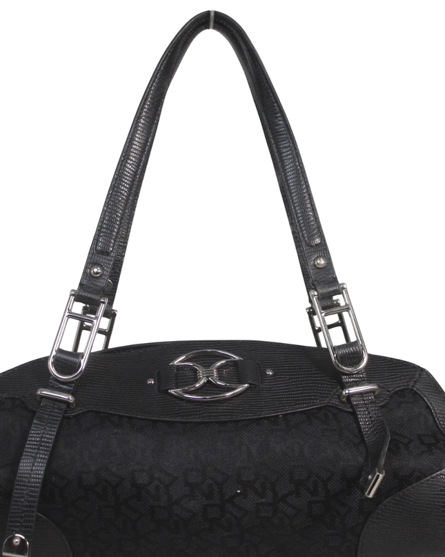 DKNY Black Monogram Canvas and Lizard-Embossed Shoulder Bag