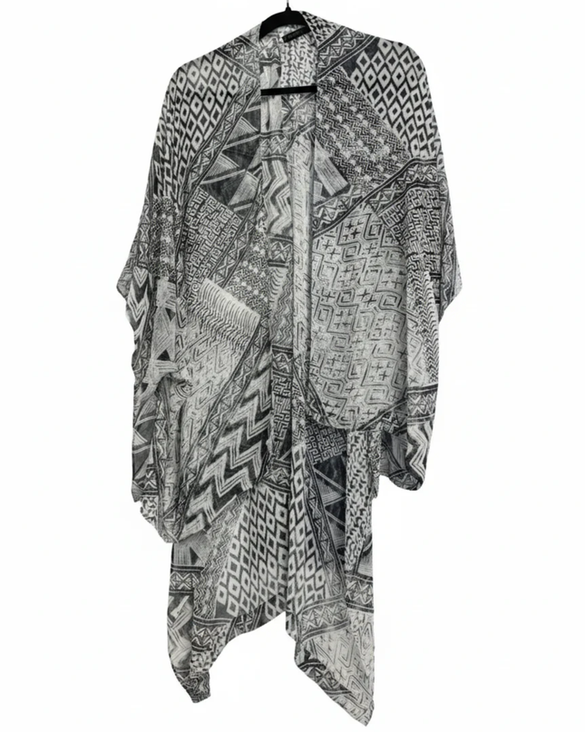 BCBGMAXAZRIA White/Black Geometric Print Sheer Kimono Shrug