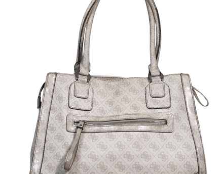 Guess Beige Logo Print Double Handle Satchel Bag