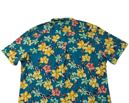 Old Navy Teal Floral Slim Fit Built-In Flex Short Sleeve Shirt