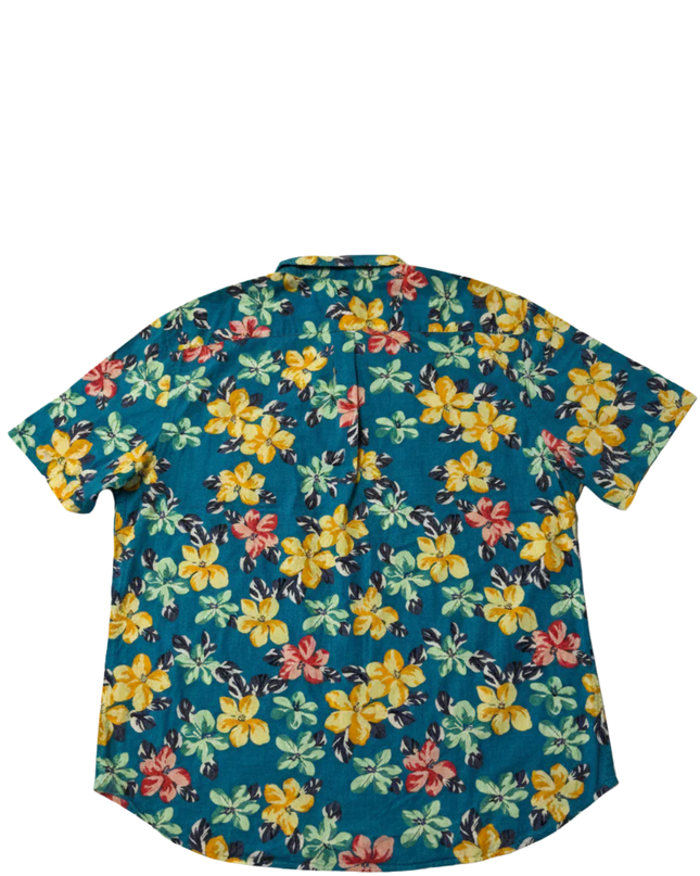 Old Navy Teal Floral Slim Fit Built-In Flex Short Sleeve Shirt