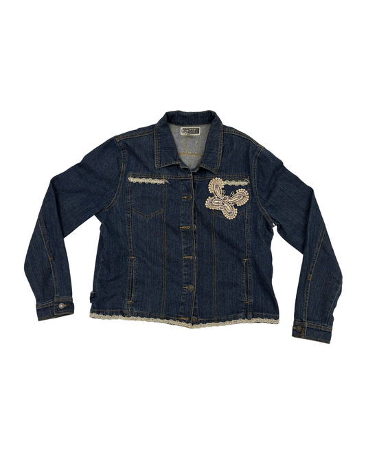 Route 66 Lace Appliqué Butterfly Blue Denim Jacket - L
