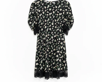 ASOS DESIGN Black Floral Daisy Puff Sleeve Mini Dress with Lace Trim