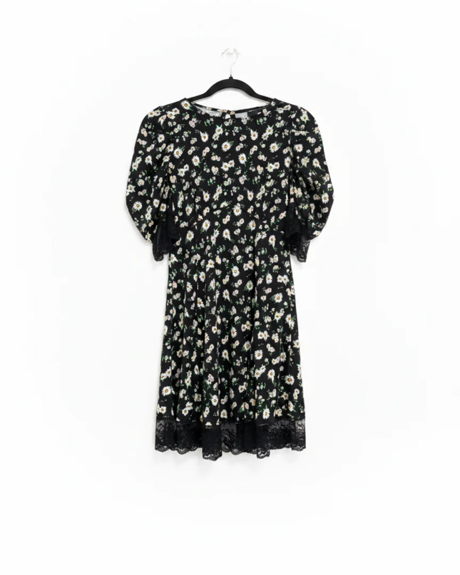ASOS DESIGN Black Floral Daisy Puff Sleeve Mini Dress with Lace Trim