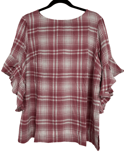 Chaps Red & White Plaid Ruffle Sleeve Blouse