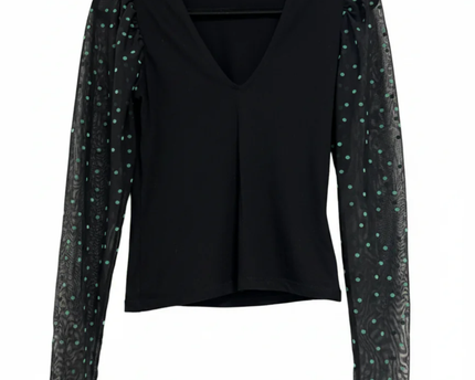 RESERVED Black V-Neck Top with Polka Dot Mesh Sleeves