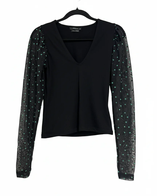 RESERVED Black V-Neck Top with Polka Dot Mesh Sleeves