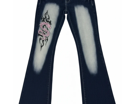 Crazy Age Blue Y2K Tribal Dragon Rhinestone Flare Jeans