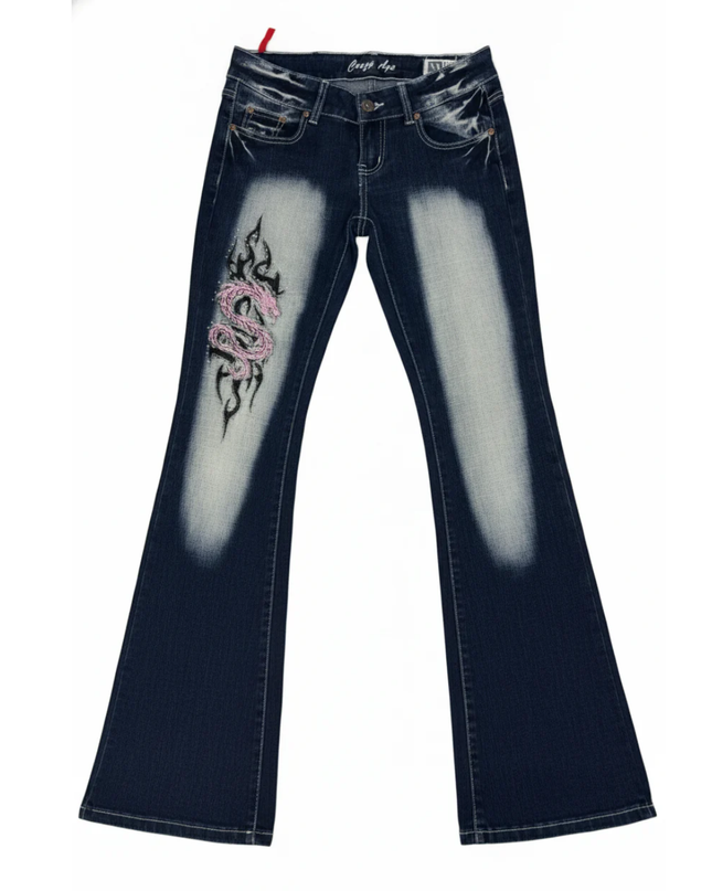 Crazy Age Blue Y2K Tribal Dragon Rhinestone Flare Jeans