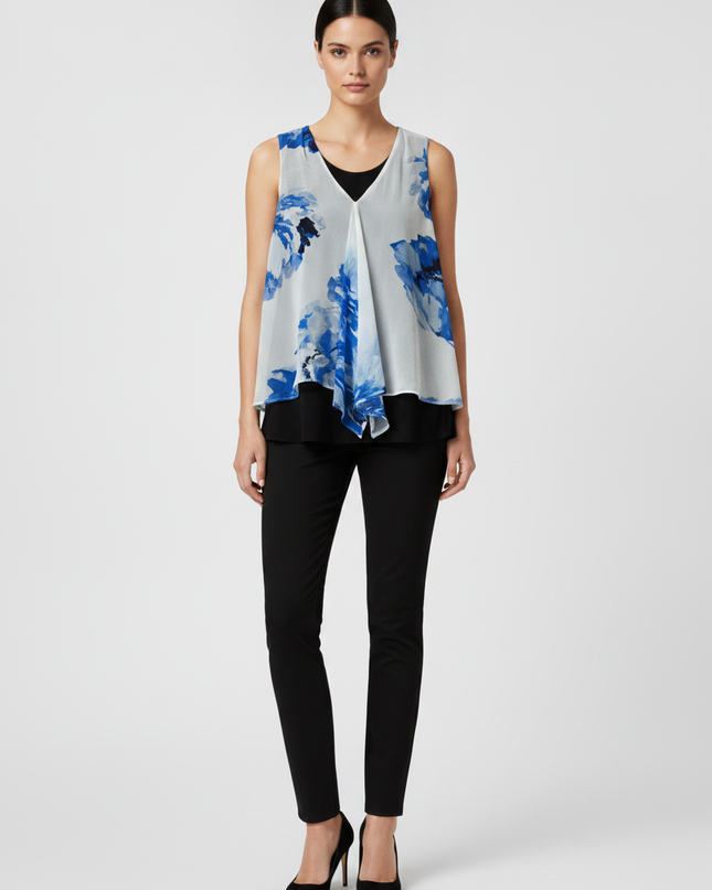 Calvin Klein Black & Blue Floral Layered Sleeveless V-Neck Top