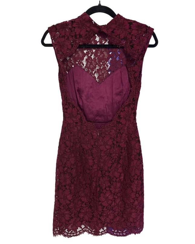 Sandro Paris Burgundy Floral Lace High Neck Sleeveless Dress