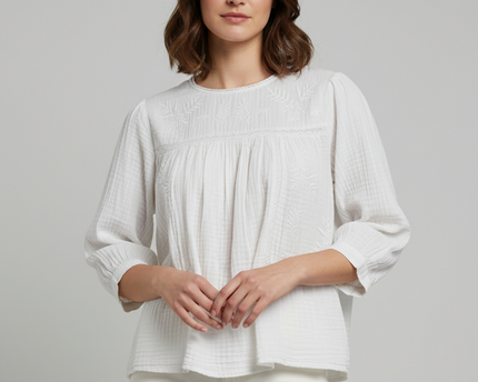 Monoprix Femme White Embroidered Double Gauze Blouse