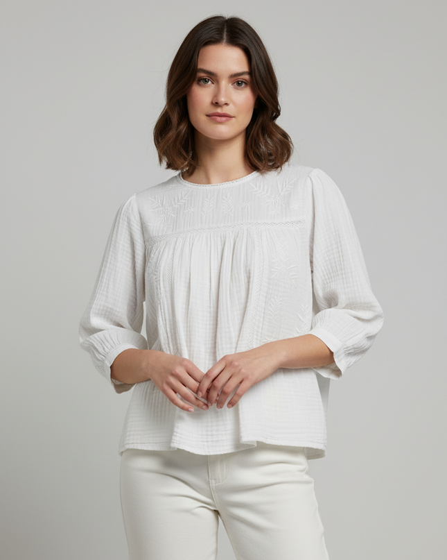 Monoprix Femme White Embroidered Double Gauze Blouse