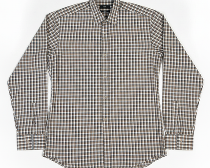 Boss Grey and Brown Checkered Slim Fit Long Sleeve Shirt