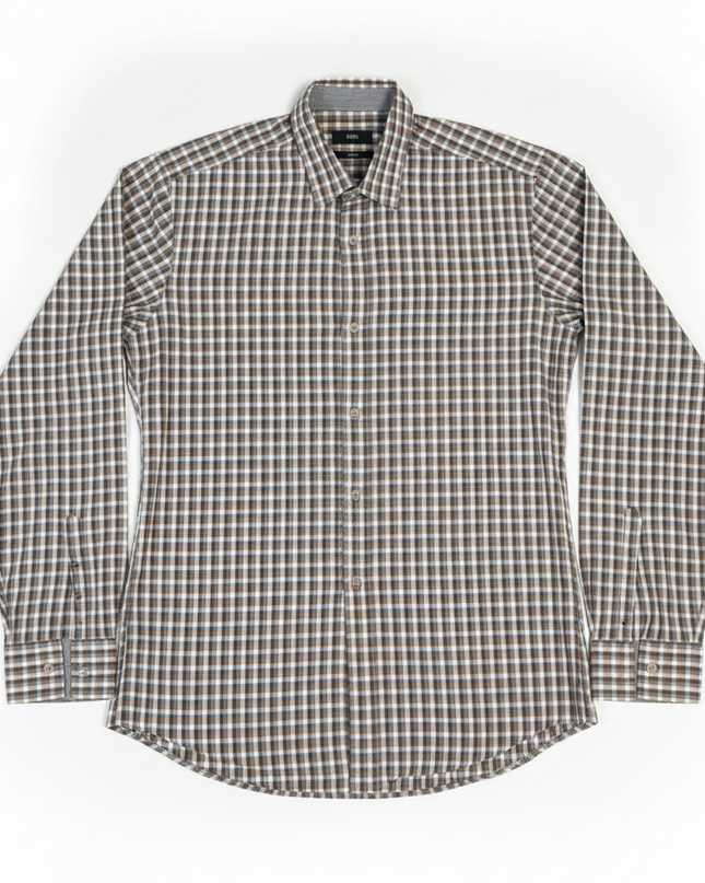 Boss Grey and Brown Checkered Slim Fit Long Sleeve Shirt