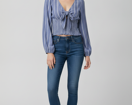 American Eagle Blue/White Striped Tie-Front Smocked Top