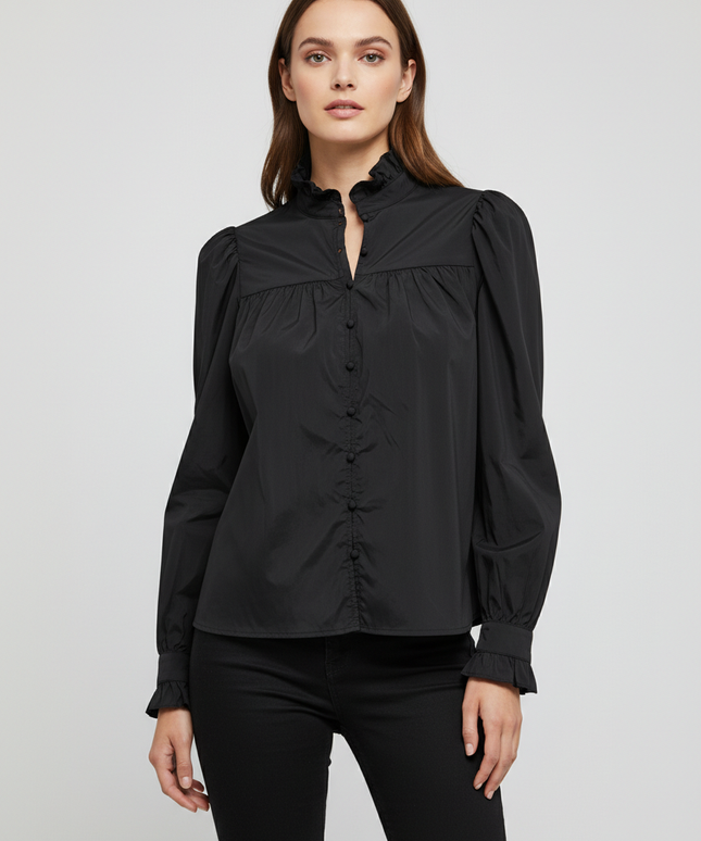 H&M Black Ruffle Collar Puff Sleeve Blouse