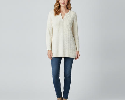 Ralph Lauren Cream Cable Knit Split V-Neck Cotton Sweater