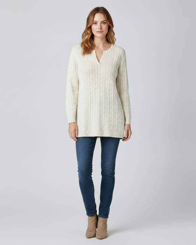 Ralph Lauren Cream Cable Knit Split V-Neck Cotton Sweater