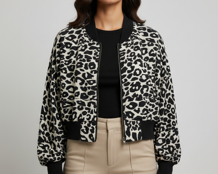 2nd Skin Black and White Leopard Print Bomber Jacket