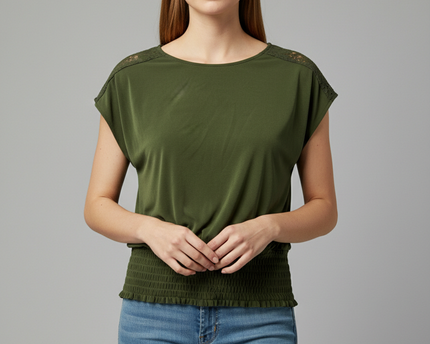 Michael Kors Green Smocked Hem Lace Shoulder Top