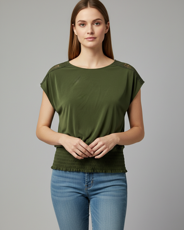 Michael Kors Green Smocked Hem Lace Shoulder Top