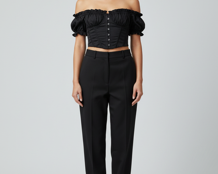 White Fox Black Off-The-Shoulder Bustier Ruffle Crop Top