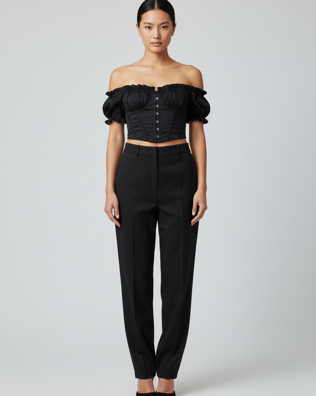 White Fox Black Off-The-Shoulder Bustier Ruffle Crop Top