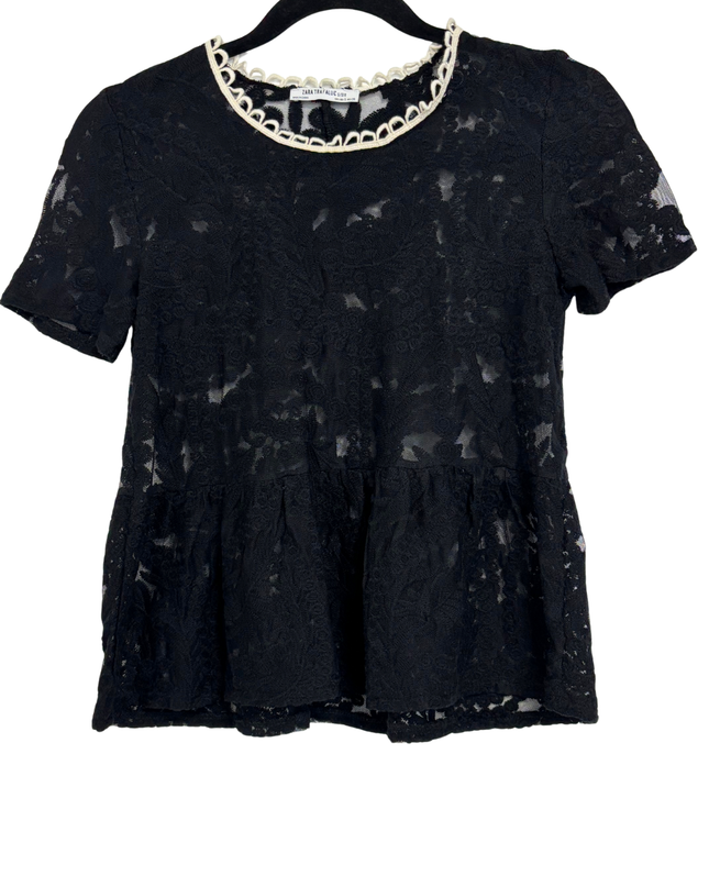 Zara Trafaluc Black Lace with Scalloped Collar Peplum Top