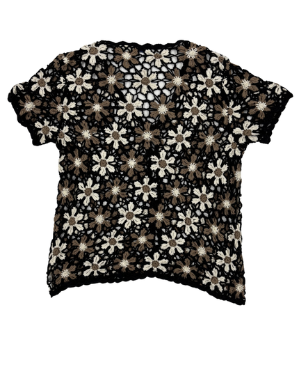 White Stag Daisy Floral Crochet Black & Neutral Short Sleeve Top - L