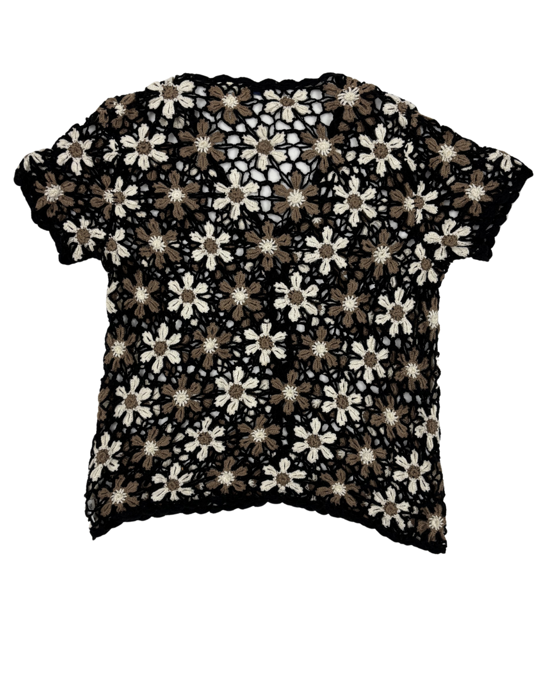 White Stag Daisy Floral Crochet Black & Neutral Short Sleeve Top - L