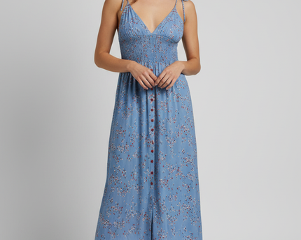 Zara Blue Floral Button-Down Smocked Midi Dress