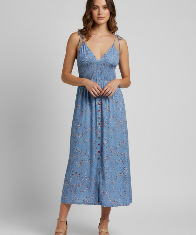 Zara Blue Floral Button-Down Smocked Midi Dress
