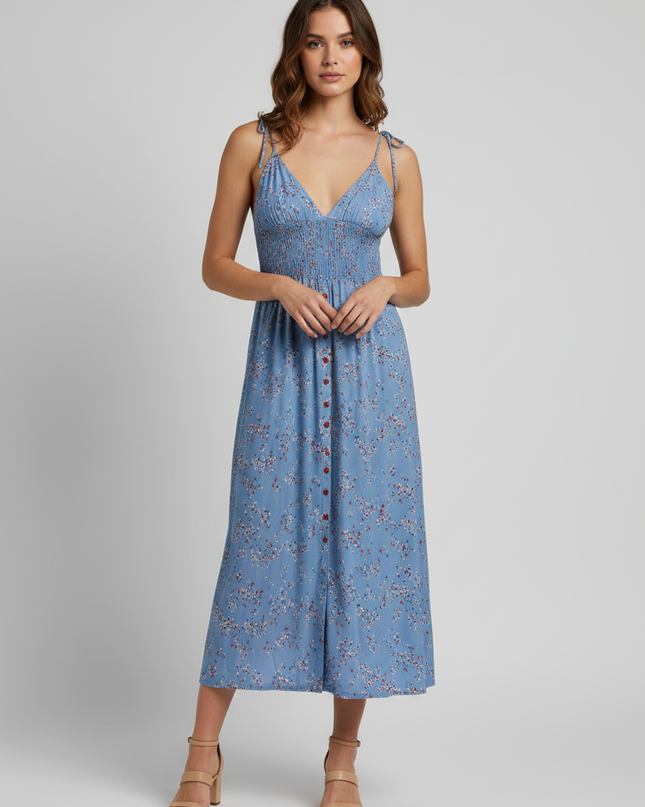 Zara Blue Floral Button-Down Smocked Midi Dress