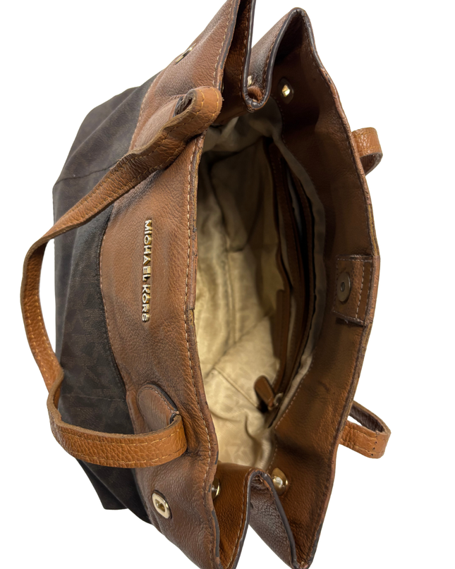 MICHAEL KORS Two-Tone Leather Trim Brown MK Signature Tote Bag