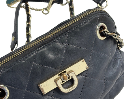 DKNY Black Quilted Leather Mini Shoulder Bag with Chain Strap