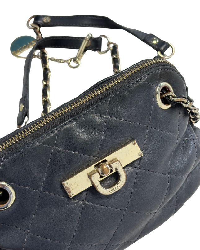DKNY Black Quilted Leather Mini Shoulder Bag with Chain Strap