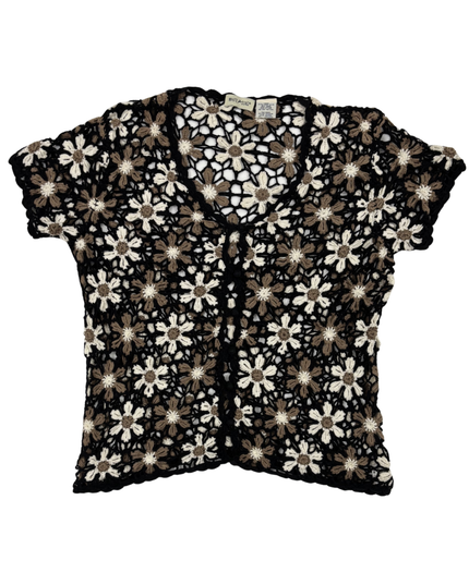 White Stag Daisy Floral Crochet Black & Neutral Short Sleeve Top - L