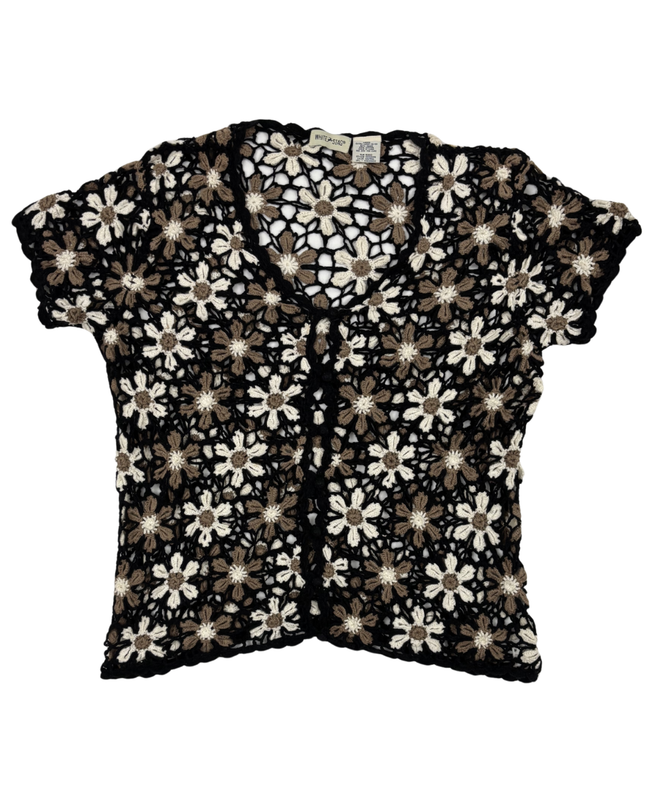 White Stag Daisy Floral Crochet Black & Neutral Short Sleeve Top - L
