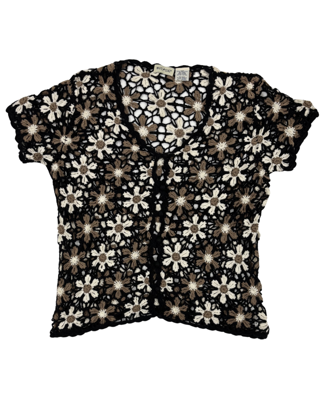 White Stag Daisy Floral Crochet Black & Neutral Short Sleeve Top - L