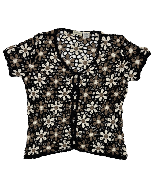 White Stag Daisy Floral Crochet Black & Neutral Short Sleeve Top - L