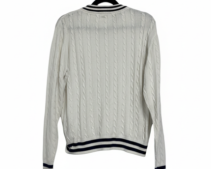 Tommy Hilfiger White V-Neck Cable Knit Tennis Sweater