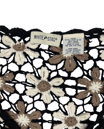White Stag Daisy Floral Crochet Black & Neutral Short Sleeve Top - L