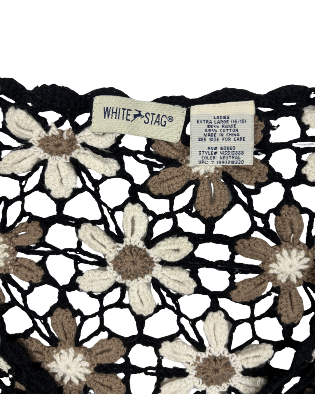 White Stag Daisy Floral Crochet Black & Neutral Short Sleeve Top - L