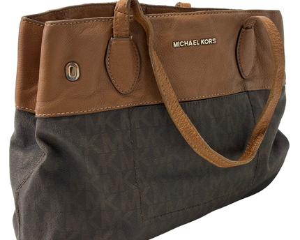 MICHAEL KORS Two-Tone Leather Trim Brown MK Signature Tote Bag