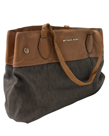 MICHAEL KORS Two-Tone Leather Trim Brown MK Signature Tote Bag